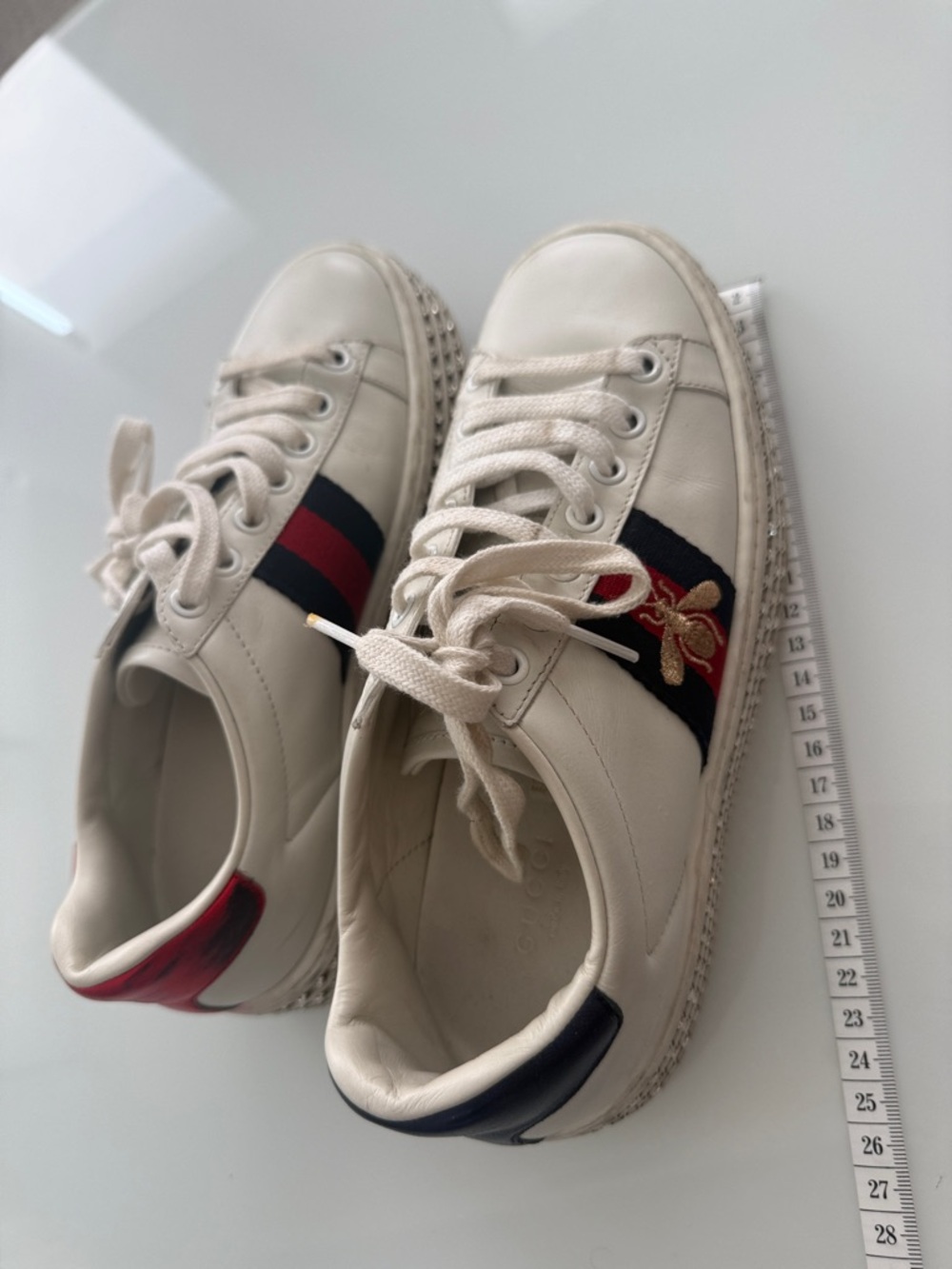 Gucci Off-White Leather Sneakers with Red & Blue Web Stripe and Gold Bee